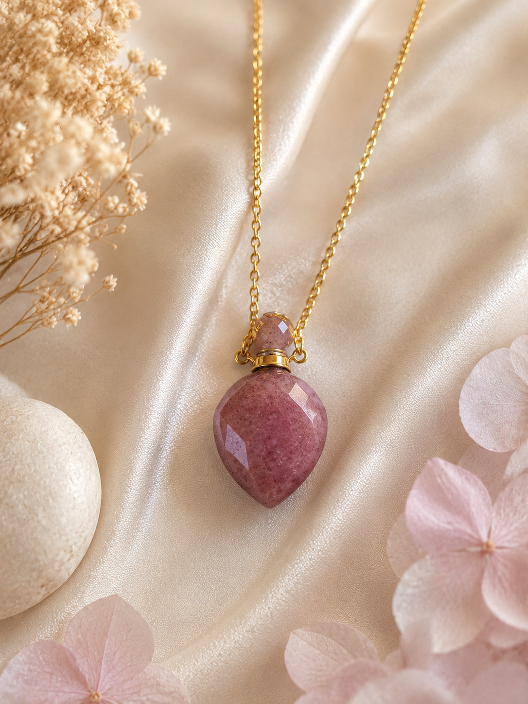 Collier fiole "Harmonie" en Quartz Fraise